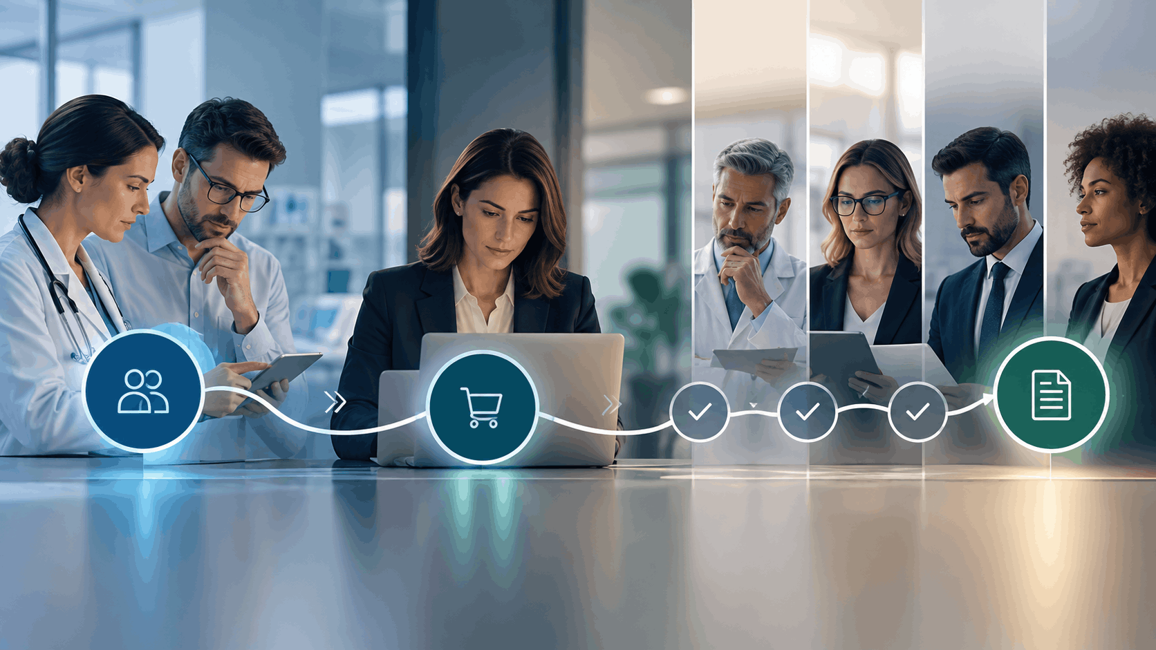 Processo de compras B2B na saúde entre champion, procurement e contratação